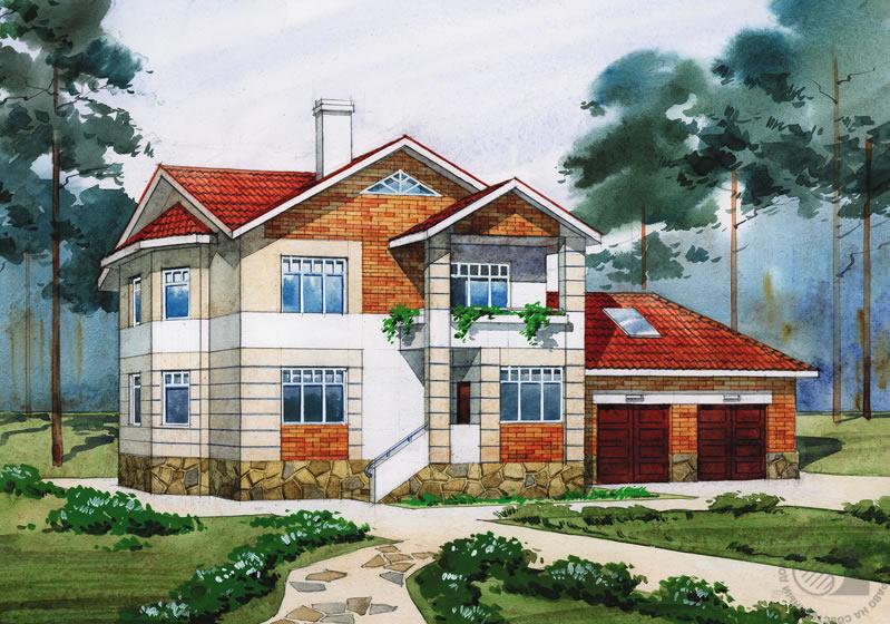 Кирпичный коттедж c двумя гаражами